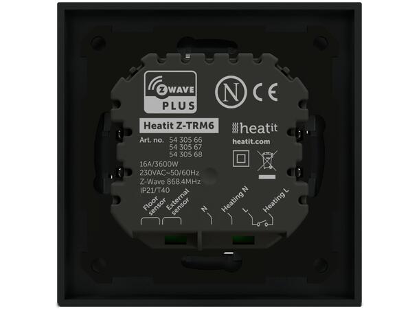 Heatit Z-TRM6 Black matt Z-Wave termostat  3600W  16A  868,4 MHz
