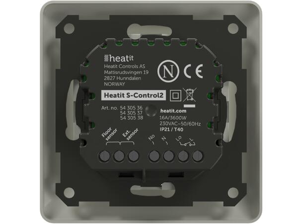 Heatit S-Control2  Hvit 9010 Termostat  3600W  16A  Hvit RAL 9010